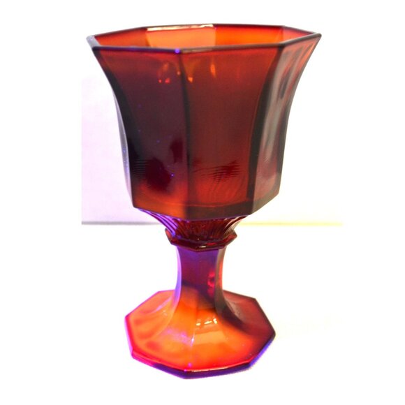 Set Of 3 Vintage Ruby Red Hexagonal Stemmed Goblets Dining Drinkware UV Glow - Picture 5 of 5